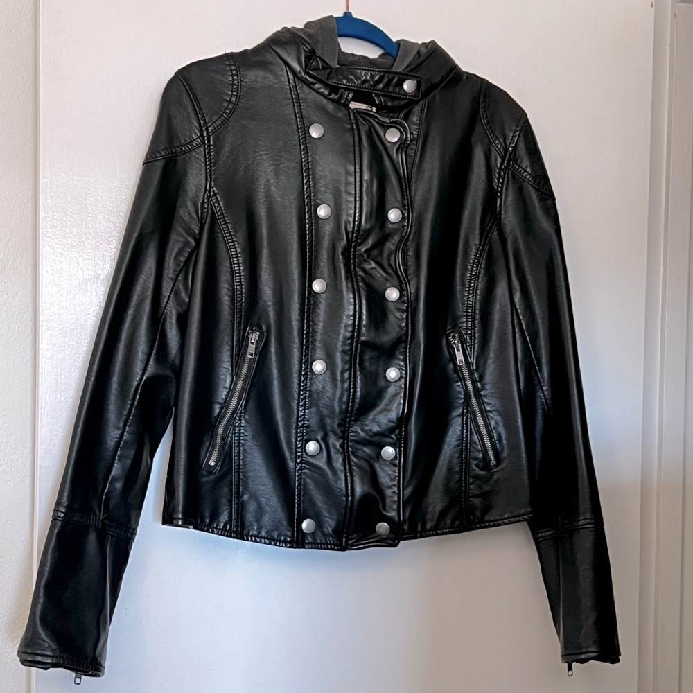 Free People Vegan leather jacket with hoodie hood.